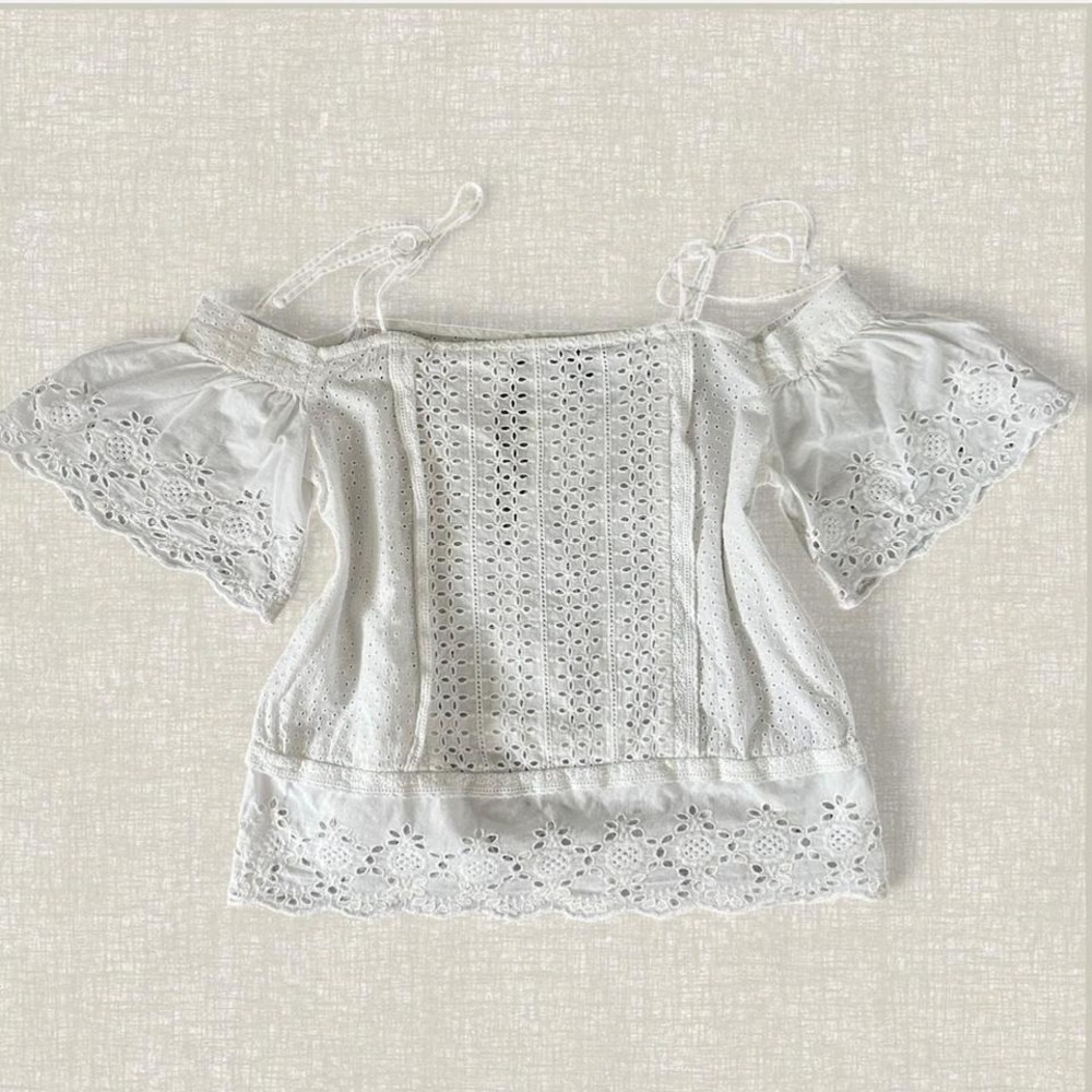 Cottagecore Topshop White Eyelet Lace Off‎ Shoulder Tie Strap Blouse US 2